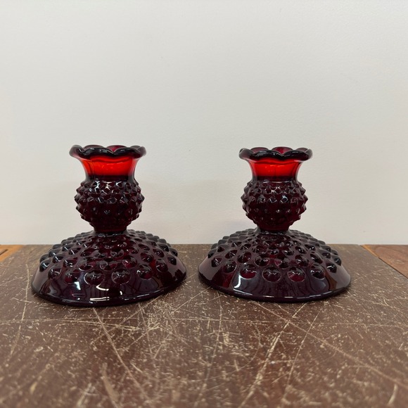 Fenton Ruby Red Hobnail Candle Holders Pair Vintage Glass Home Decor - Picture 1 of 10